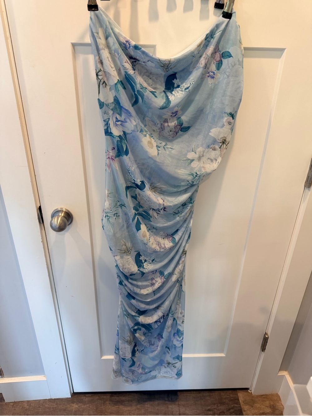 Steve Madden Blue Floral Ruched Midi Dress Medium Cowl Neck Wedding Guest - Picture 4 of 10